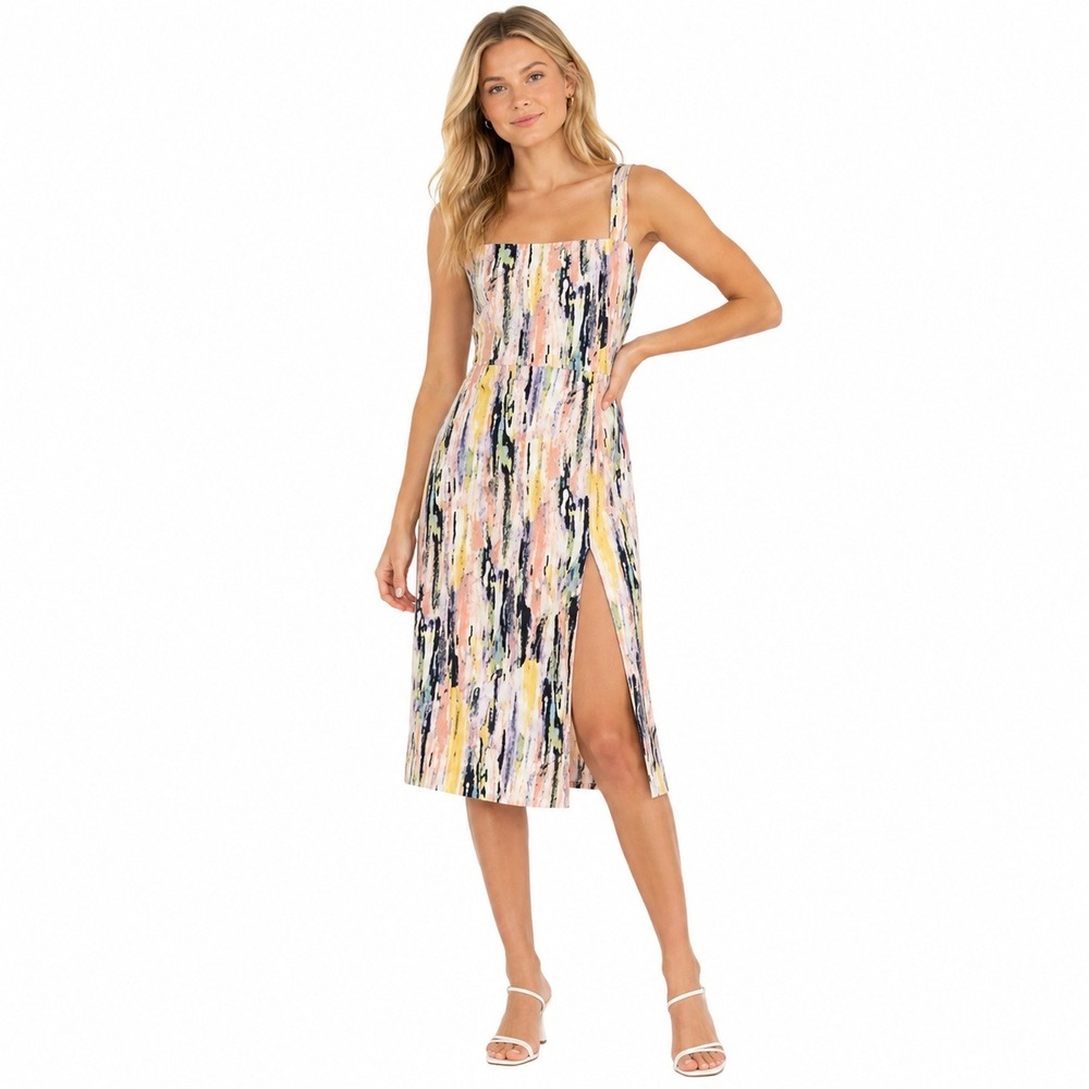 Aritzia Babaton Avenir Square Neck Sleeveless Midi Dress size 4 Watercolors Thig